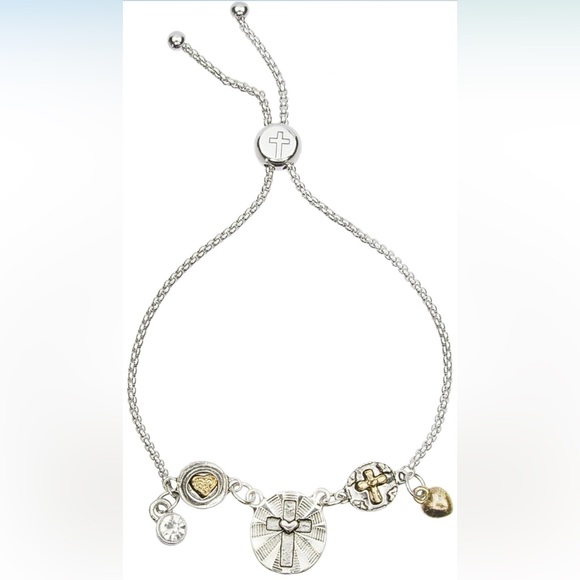 NWT Platinum and Yellow Gold Plated 18k FAITH Bolo Charm Slide Bracelet - Picture 1 of 7